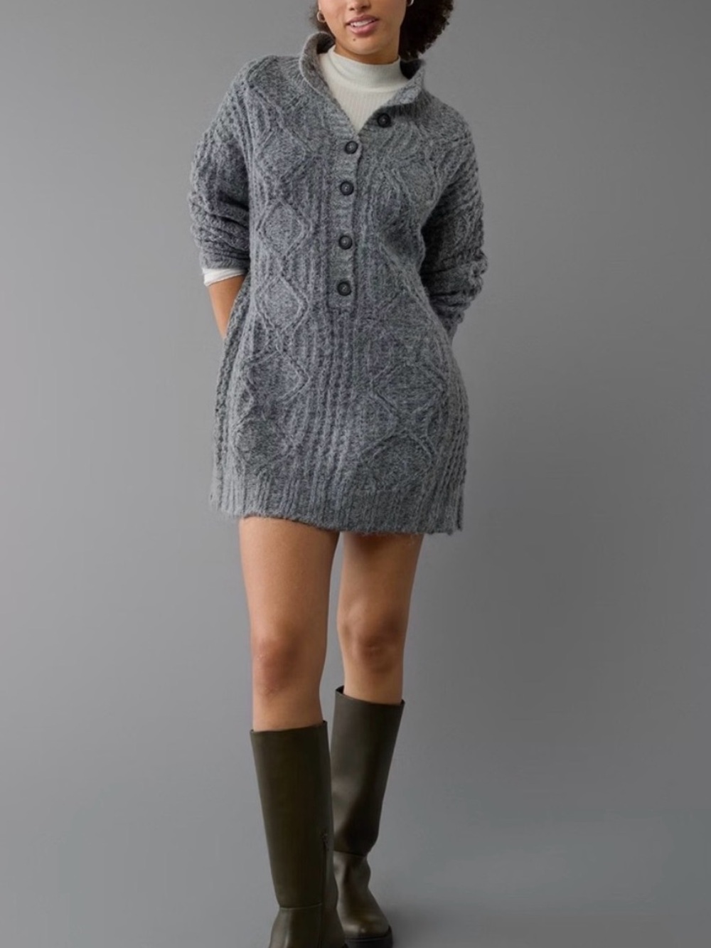 American Eagle Outfitters Gray Cable Knit Button Sweater Dress